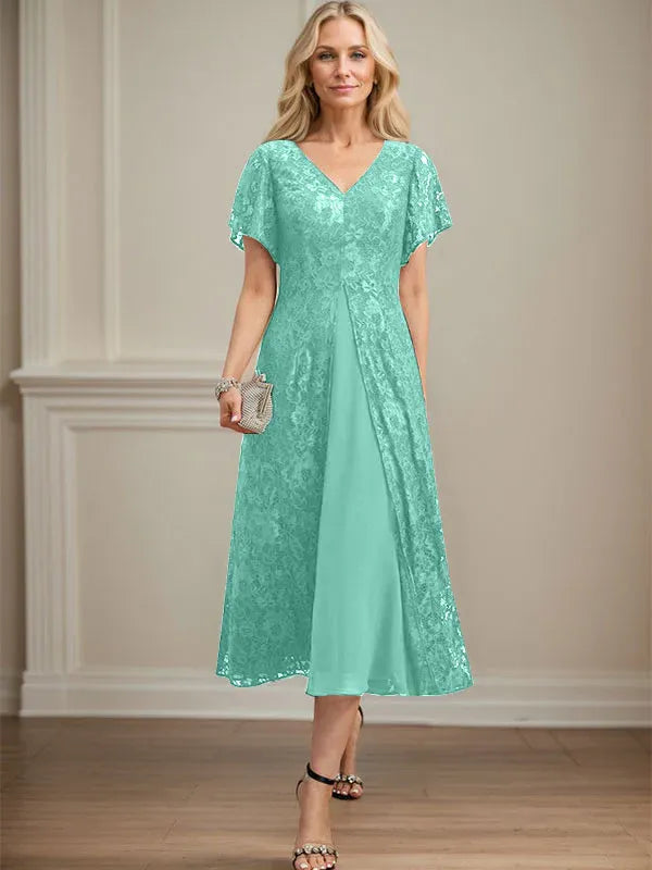 A-Line V-Neck Tea-Length Lace Chiffon Mother of the Bride Dress
