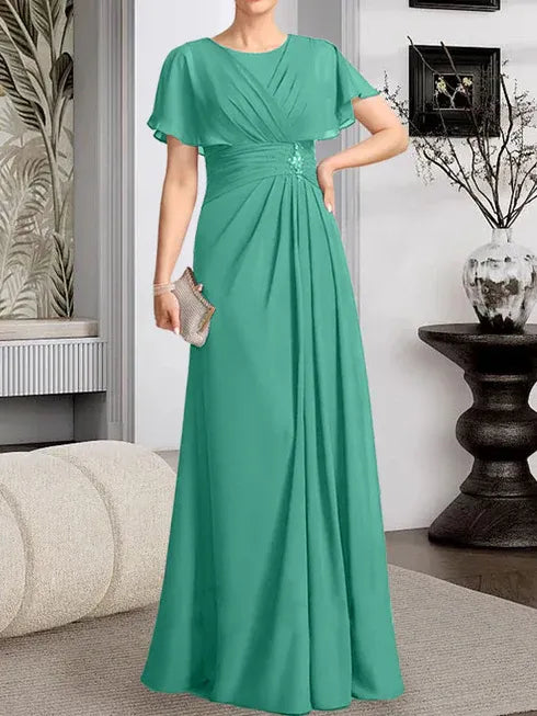 A-Line Scoop Neck Floor-Length Chiffon Mother of the Bride Dress with Pleated Beading