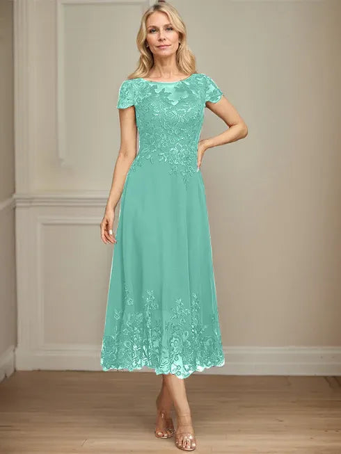 A-Line Illusion Scoop Tea-Length Lace Chiffon Mother of the Bride Dress with Sequins