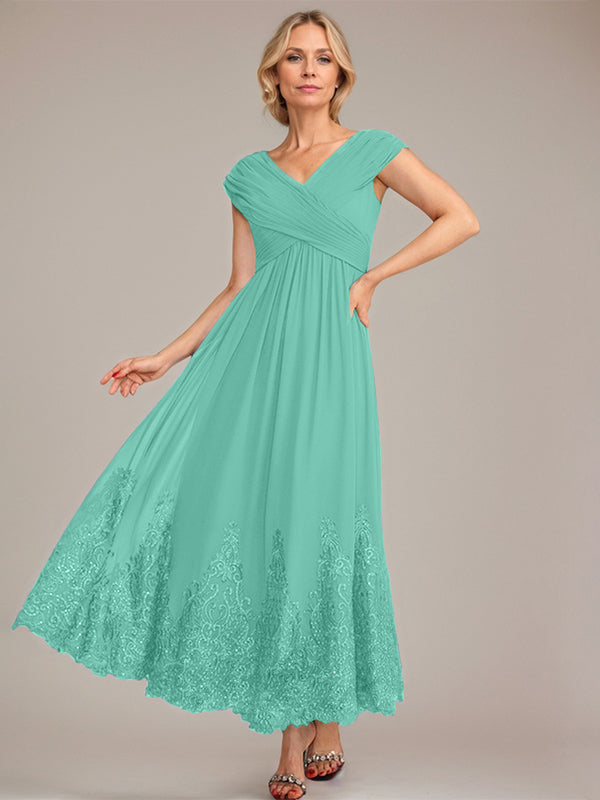 A-Line V-Neck Chiffon Mother of the Bride Dress with Appliqué and Sequins, Ankle-Length