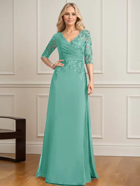 A-Line V-Neck Floor-Length Lace and Chiffon Mother of the Bride Dress with Pleated Sequins