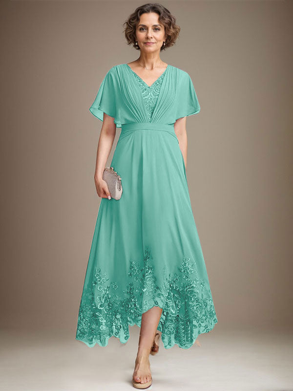 A-Line V-Neck Asymmetrical Lace Chiffon Mother of the Bride Dress with Pleats