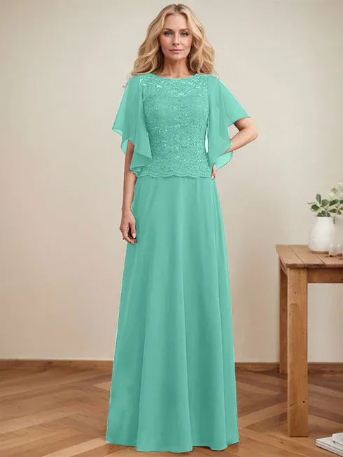 A-Line Scoop Neck Illusion Floor-Length Lace Chiffon Mother of the Bride Dress with Sequins