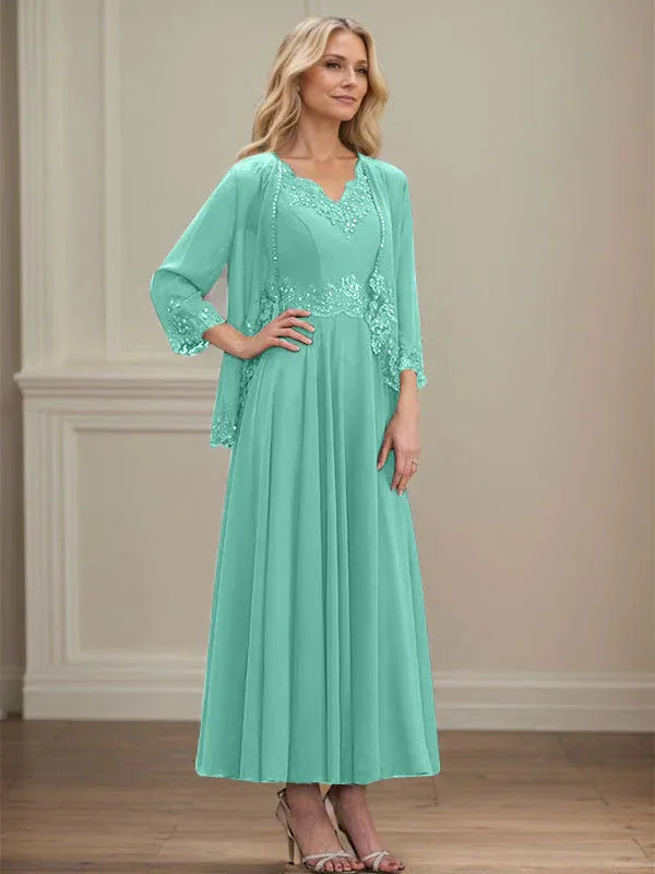 A-Line V-Neck Chiffon Mother of the Bride Dress with Sequins, Appliques, Lace, and Beading at Ankle Length