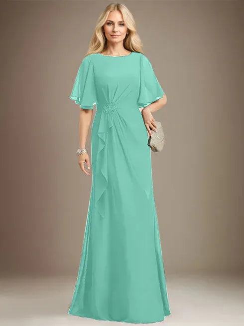A-Line Scoop Floor-Length Chiffon Mother of the Bride Dress with Cascading Ruffles, Beading, and Sequins