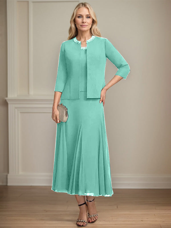 A-line Scoop Tea-Length Chiffon Mother of the Bride Dress with Sequins and Beading Separates