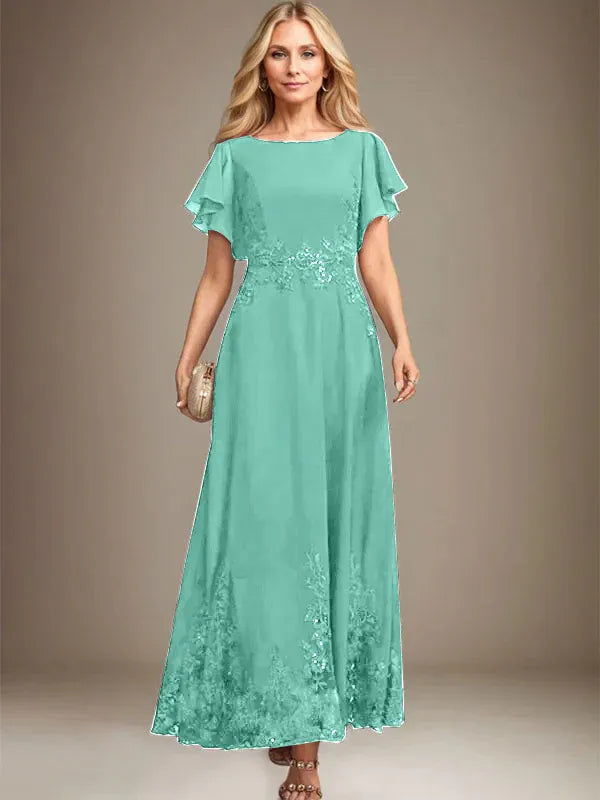 A-Line Scoop Neck Ankle-Length Lace and Chiffon Mother of the Bride Dress with Sequins