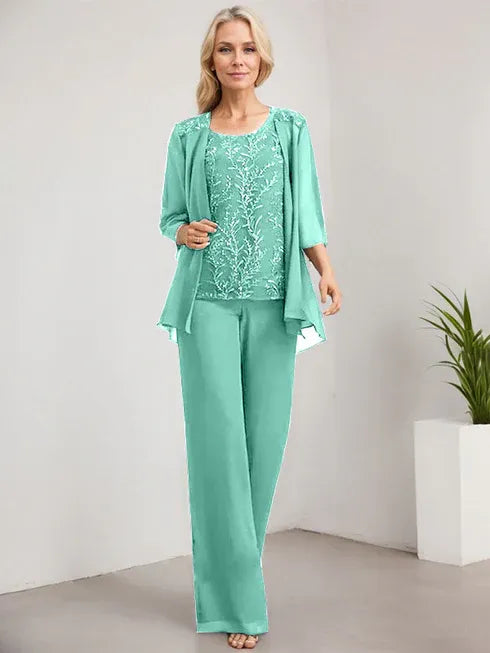 Floor-Length Lace Chiffon Mother of the Bride Jumpsuit/Pantsuit with Scoop Neck and Sequins