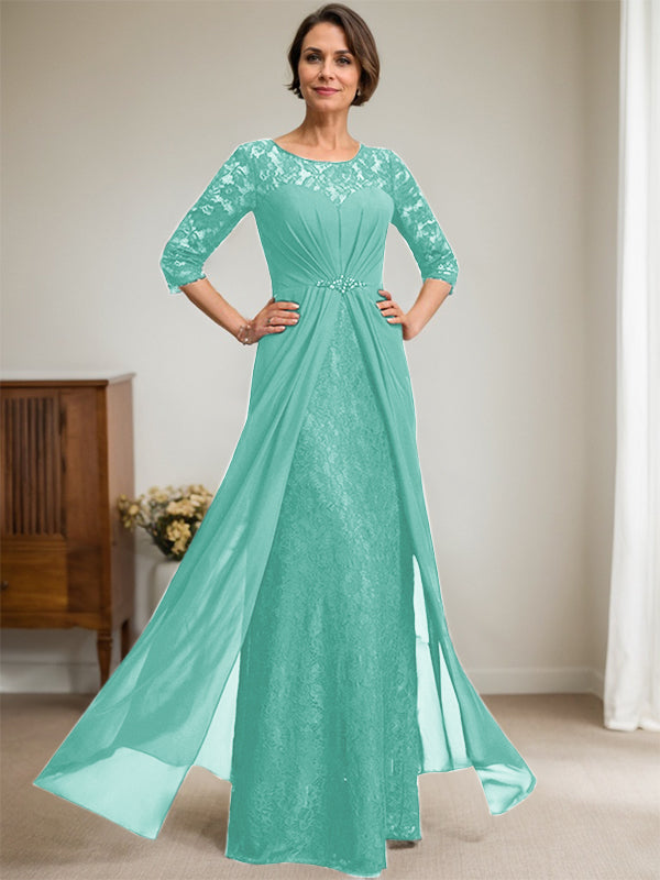 A-Line Scoop Neck Illusion Floor-Length Lace Chiffon Mother of the Bride Dress with Beaded Ruffles