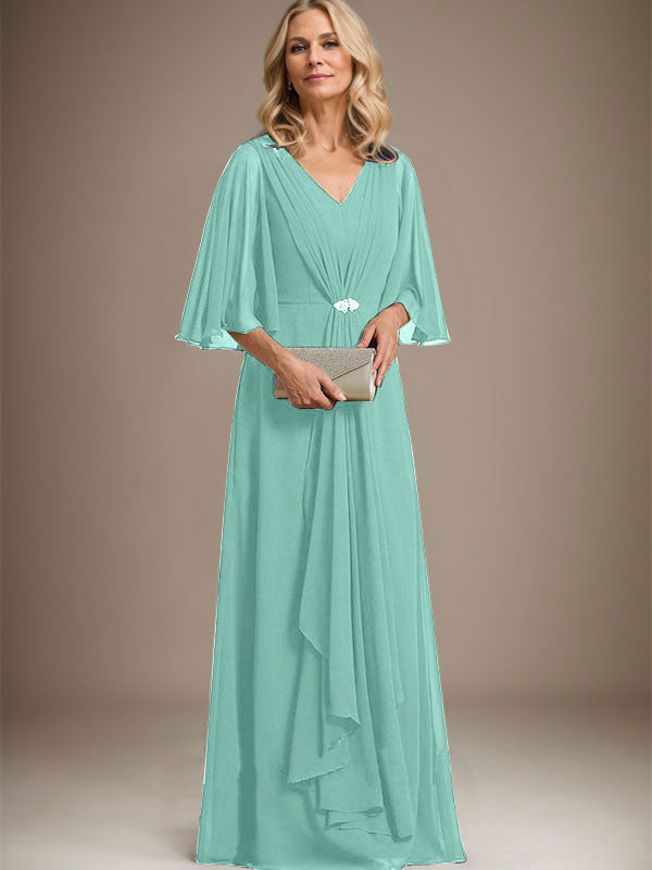 A-Line V-Neck Floor-Length Chiffon Mother of the Bride Dress with Cascading Ruffles and Crystal Brooch