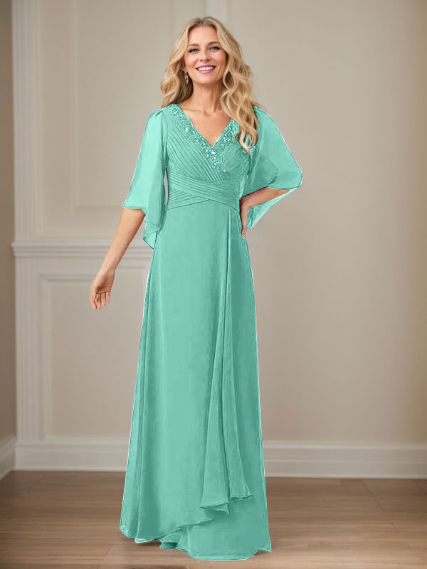 A-Line V-Neck Long Sequin Chiffon Mother of the Bride Dress