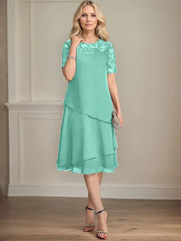 A-Line Scoop Neck Illusion Knee-Length Lace Chiffon Mother of the Bride Dress with Sequins