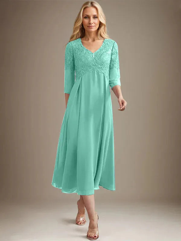 A-Line V-Neck Tea-Length Chiffon Lace Mother of the Bride Dress with Beading