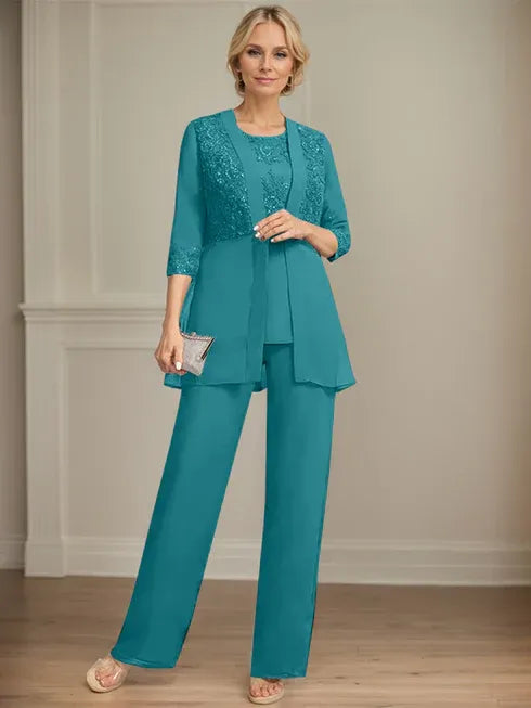 Floor-Length Chiffon Lace Jumpsuit and Pantsuit Separates with Sequins – Perfect Mother of the Bride Dress