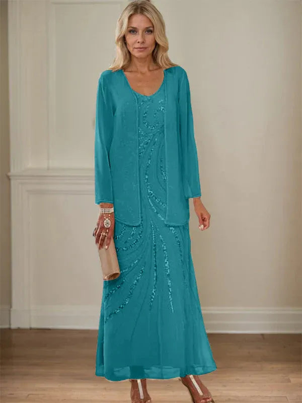 V-Neck Sheath/Mother of the Bride Ankle-Length Dress with Jacket & Sequins