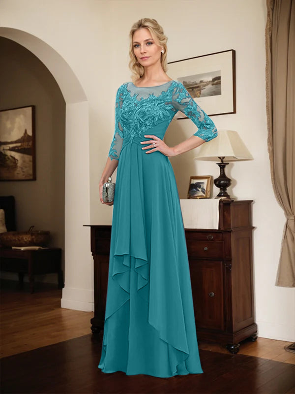 A-Line Scoop Neck Illusion Floor-Length Lace Chiffon Mother of the Bride Dress with Cascading Ruffles
