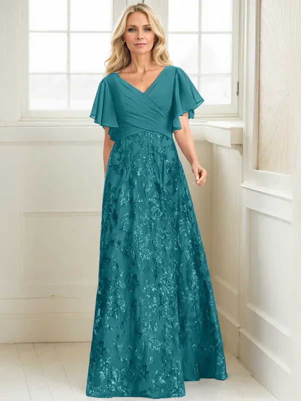 A-Line V-Neck Floor-Length Lace and Sequin Chiffon Mother of the Bride Dress with Pleats