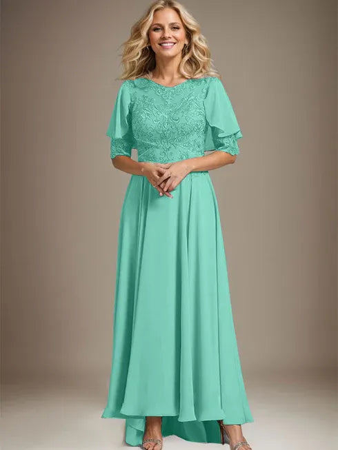 A-Line Scoop Neck Illusion Asymmetrical Chiffon and Lace Mother of the Bride Dress with Beading