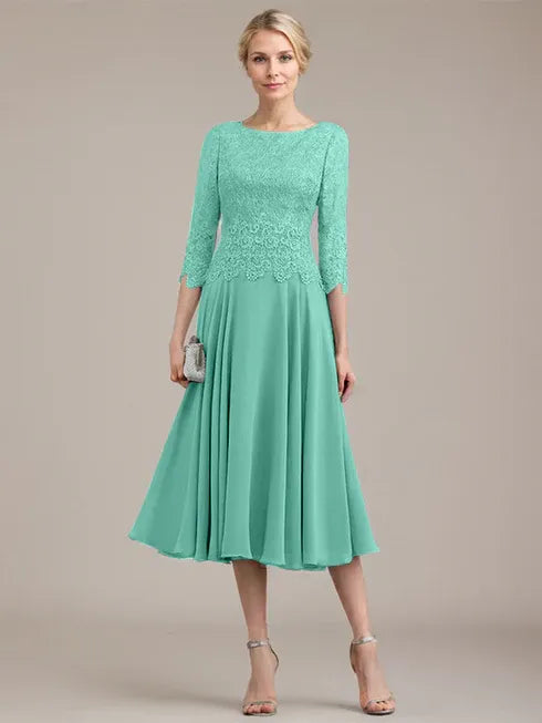 A-Line Scoop Neck Tea-Length Lace Chiffon Mother of the Bride Dress