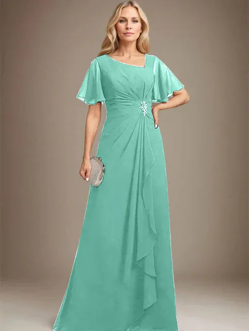 A-Line Asymmetrical Floor-Length Chiffon Mother of the Bride Dress with Pleated Beading and Sequins