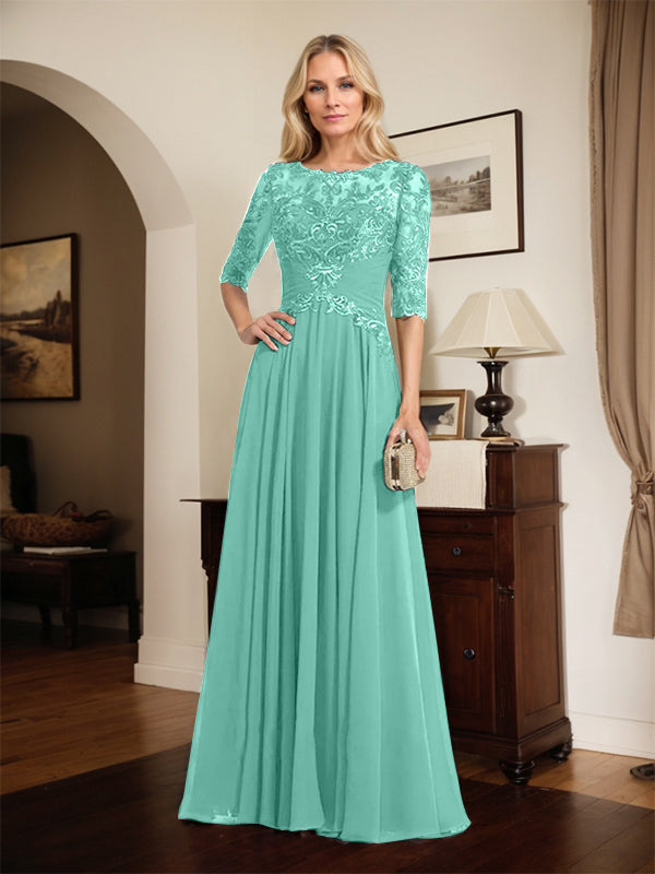 A-Line Scoop Neck Illusion Floor-Length Chiffon and Lace Mother of the Bride Dress with Pleated Sequins