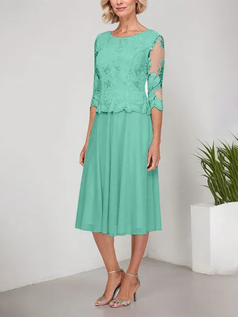 A-Line Scoop Neck Tea-Length Lace Chiffon Mother of the Bride Dress with Embroidery