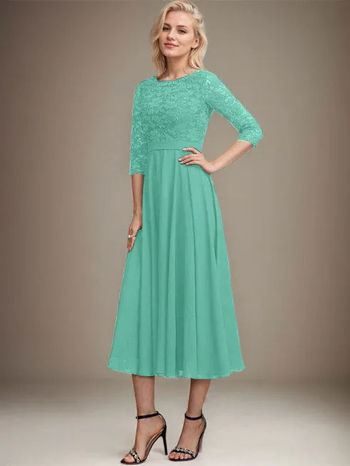 A-Line Scoop Neck Tea-Length Lace Chiffon Mother of the Bride Dress with Sequins