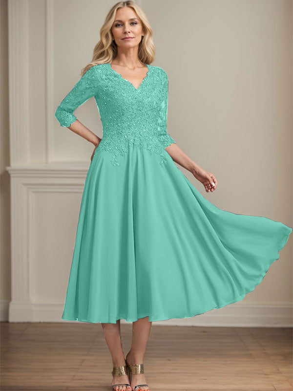 A-Line V-Neck Tea-Length Chiffon and Lace Mother of the Bride Dress with Beading and Sequins