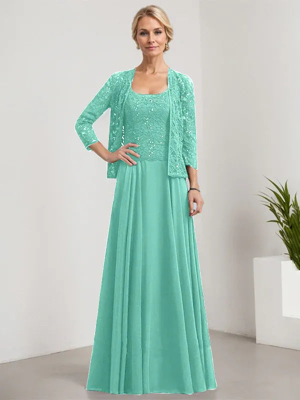 A-Line Square Neck Floor-Length Lace and Chiffon Mother of the Bride Dress with Sequins