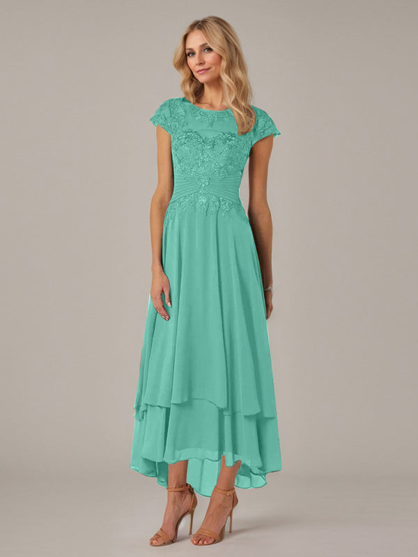 A-Line Boat Neck Illusion Asymmetrical Chiffon Lace Mother of the Bride Dress with Applique and Pleats