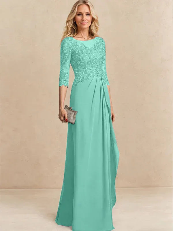 A-Line Scoop Illusion Floor-Length Chiffon and Lace Mother of the Bride Dress with Beading, Sequins, and Cascading Ruffles