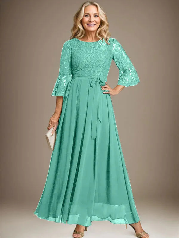 A-Line Scoop Neck Ankle-Length Lace Chiffon Mother of the Bride Dress with Bow