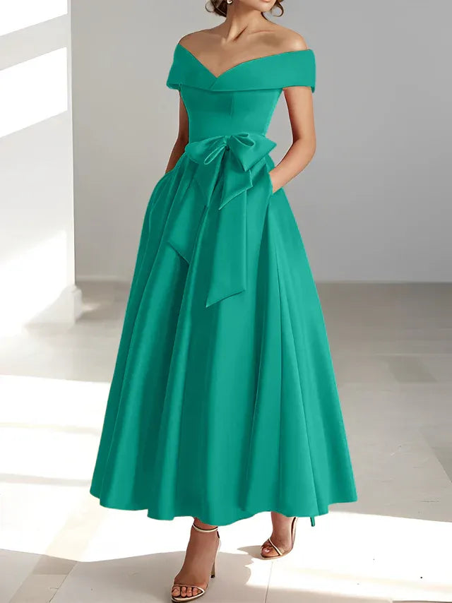 A-Line Off-the-Shoulder Sleeveless Ankle-Length Mother of the Bride Dress with Pockets