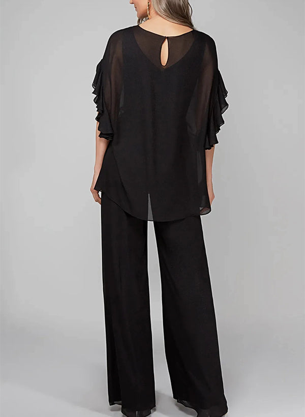 Chiffon Mother of the Bride Jumpsuit with Scoop Neck and Half Sleeves