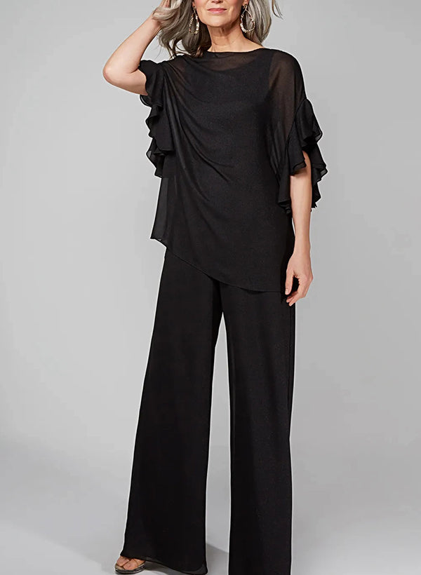 Chiffon Mother of the Bride Jumpsuit with Scoop Neck and Half Sleeves