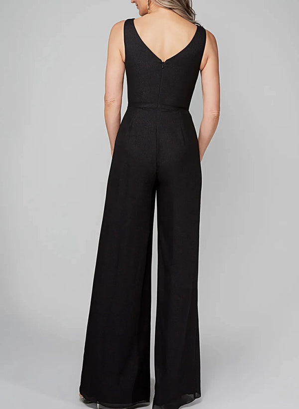 Chiffon Mother of the Bride Jumpsuit with Scoop Neck and Half Sleeves