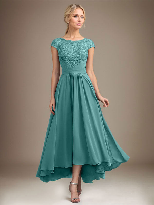 A-Line Scoop Neck Illusion Asymmetrical Lace Chiffon Mother of the Bride Dress with Pleats