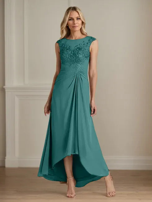 Champagne A-Line Lace and Chiffon Scoop Neck Dress