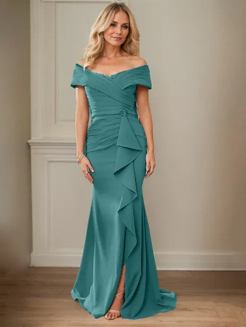 Floor-Length Lace and Chiffon Mother of the Bride Dress with Sheath/Column V-Neck Illusion and Pleated Sequins
