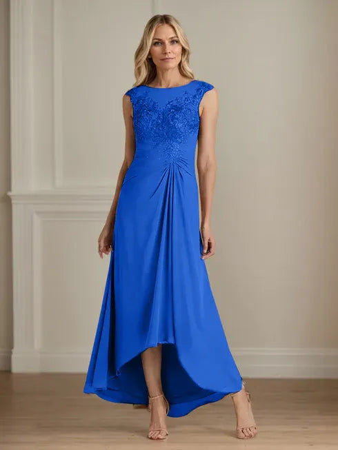 Champagne A-Line Lace and Chiffon Scoop Neck Dress