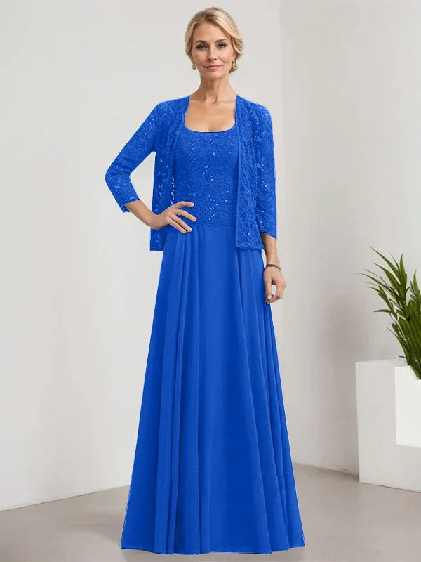 A-Line Square Neck Floor-Length Lace and Chiffon Mother of the Bride Dress with Sequins