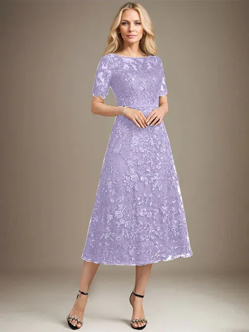 A-Line Scoop Neck Illusion Tea-Length Lace Mother of the Bride Dress with Sequins