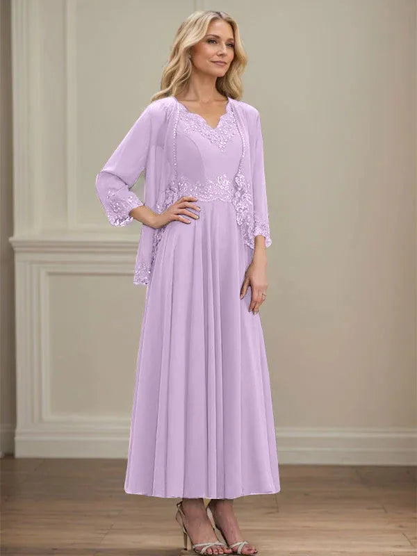 A-Line V-Neck Chiffon Mother of the Bride Dress with Sequins, Appliques, Lace, and Beading at Ankle Length