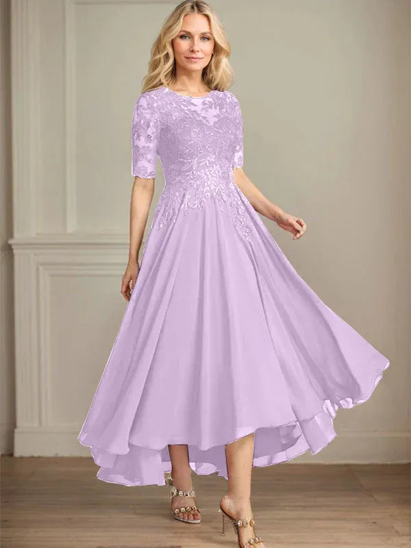 A-Line Scoop Neck Illusion Asymmetrical Chiffon and Lace Mother of the Bride Dress with Sequins