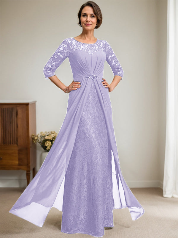 A-Line Scoop Neck Illusion Floor-Length Lace Chiffon Mother of the Bride Dress with Beaded Ruffles