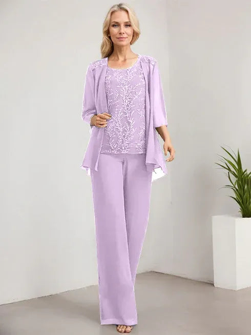 Floor-Length Lace Chiffon Mother of the Bride Jumpsuit/Pantsuit with Scoop Neck and Sequins