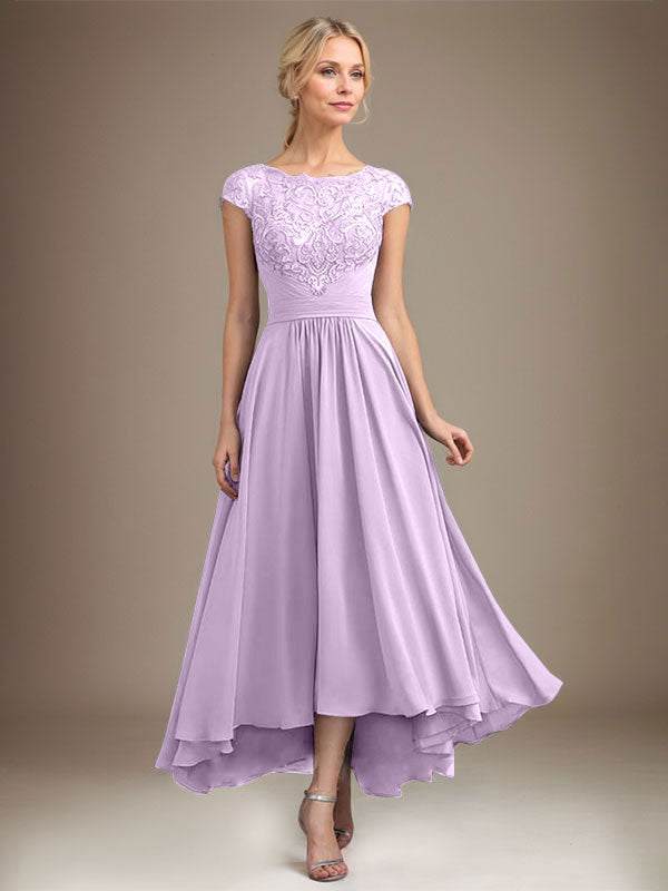 A-Line Scoop Neck Illusion Asymmetrical Lace Chiffon Mother of the Bride Dress with Pleats