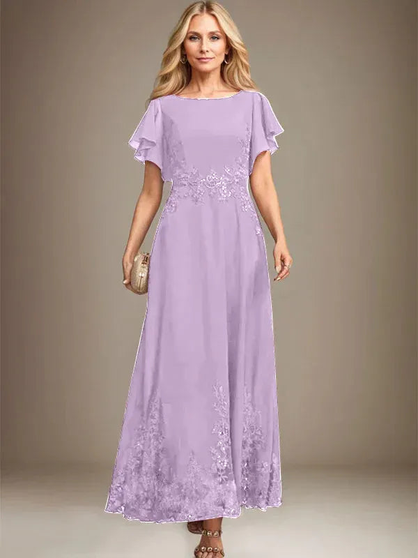 A-Line Scoop Neck Ankle-Length Lace and Chiffon Mother of the Bride Dress with Sequins