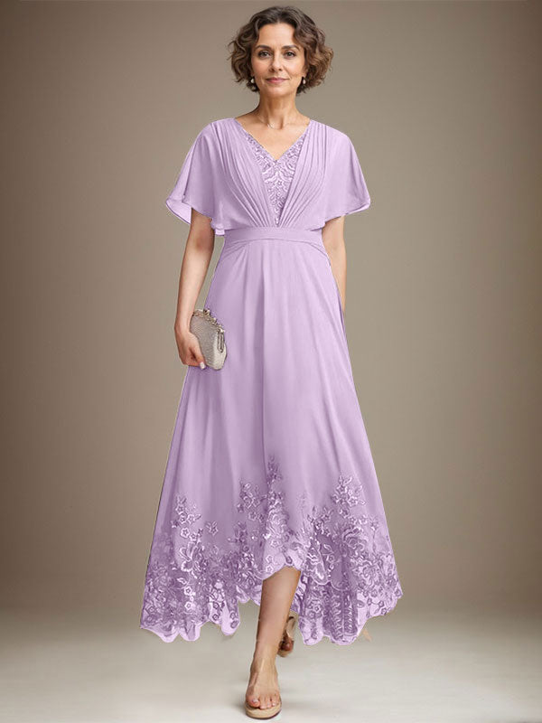 A-Line V-Neck Asymmetrical Lace Chiffon Mother of the Bride Dress with Pleats