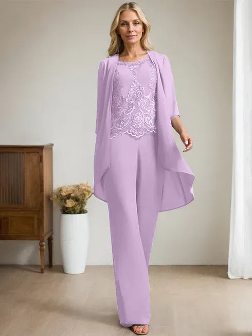 Floor-Length Chiffon Lace Mother of the Bride Jumpsuit/Pantsuit with Scoop Neck, Beading, and Sequins